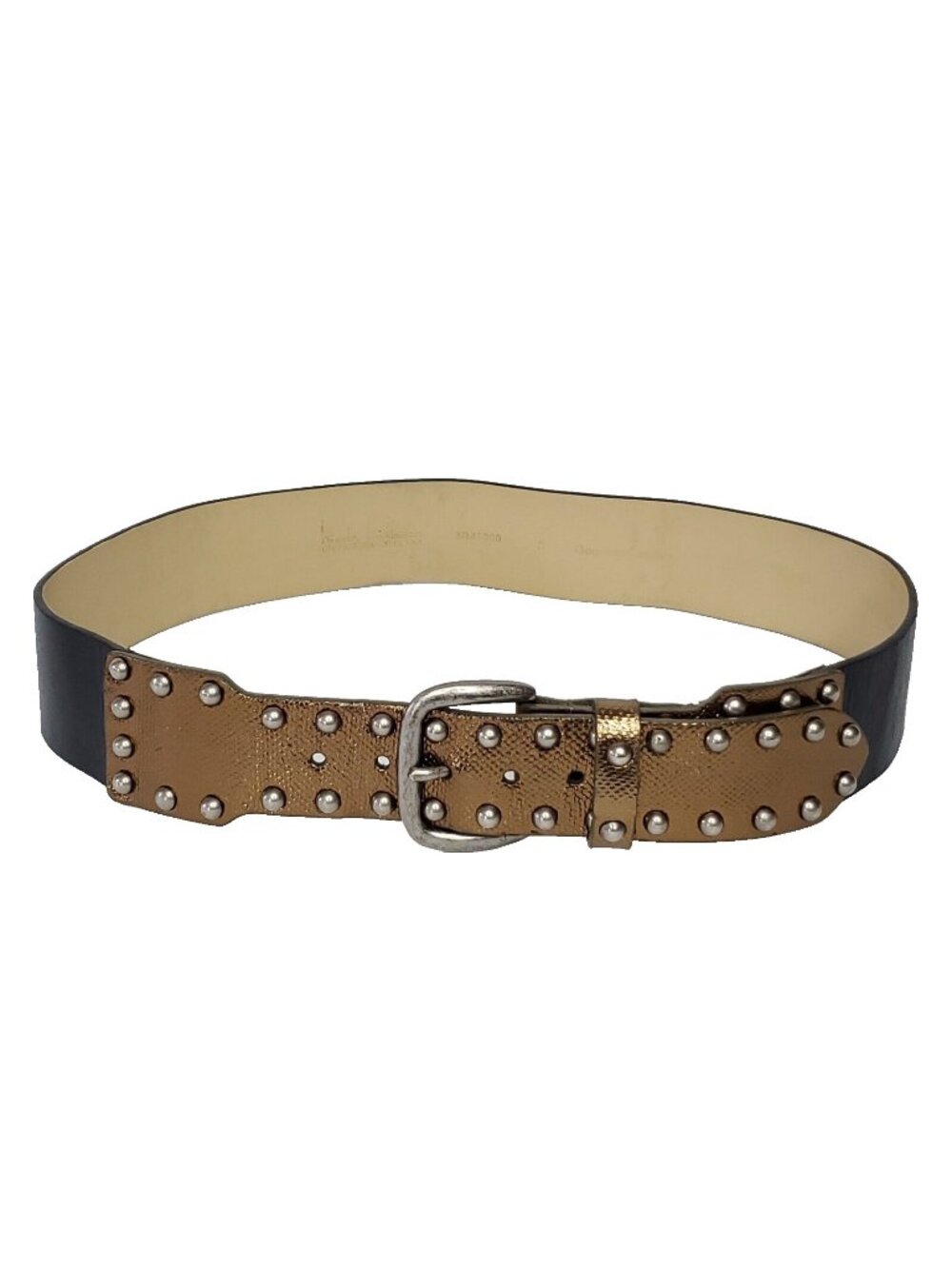 Nicole Miller Leather Belt S Black Gold Tone Textured 1 7/8" 29-31.5"